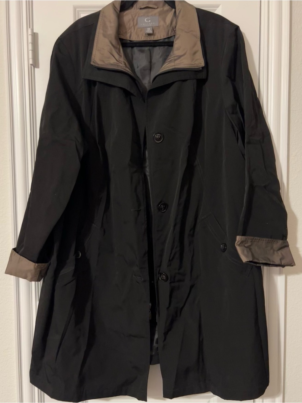 Gallery Black Trench Coat with Taupe Trim